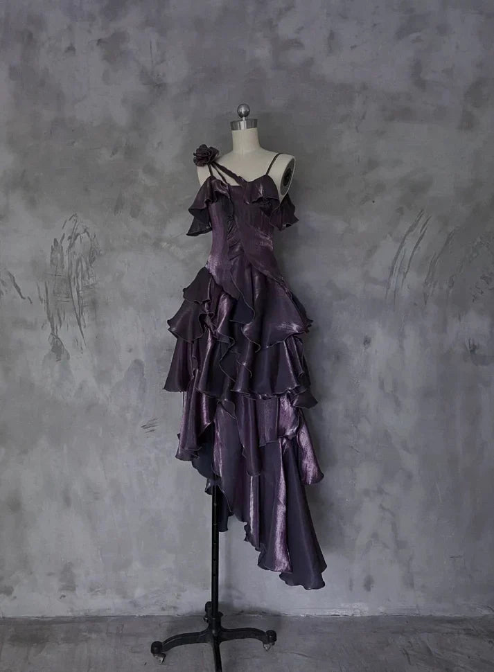 Retro Spaghetti Strap Irregular Ruffled Detachable Rose Design Elegant Satin Evening Dress Prom Dress HZ1024