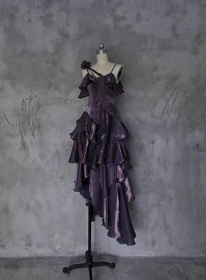 Retro Spaghetti Strap Irregular Ruffled Detachable Rose Design Elegant Satin Evening Dress Prom Dress HZ1024