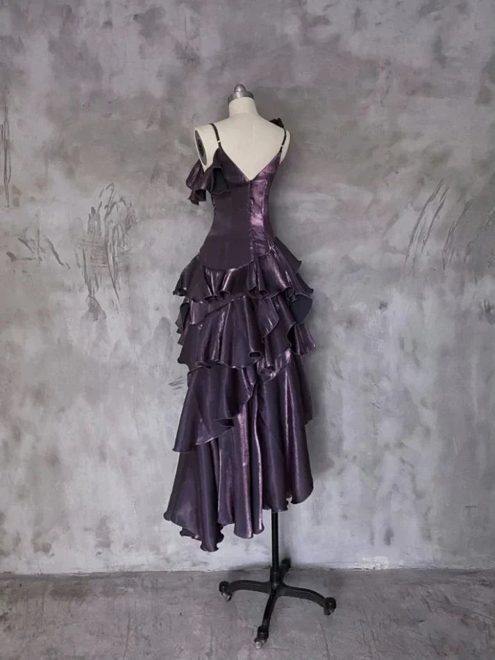 Retro Spaghetti Strap Irregular Ruffled Detachable Rose Design Elegant Satin Evening Dress Prom Dress HZ1024