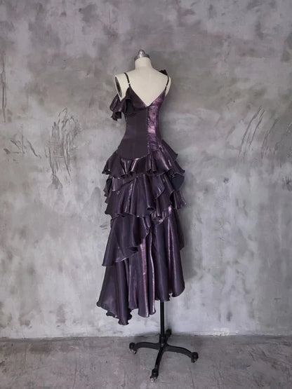 Retro Spaghetti Strap Irregular Ruffled Detachable Rose Design Elegant Satin Evening Dress Prom Dress HZ1024