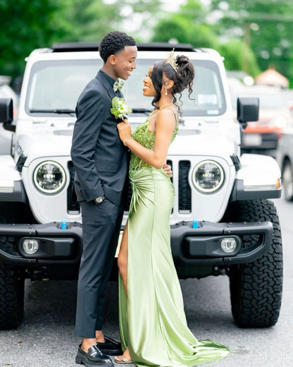 Pretty Mermaid Spaghetti Straps Sage Green Long Satin Prom Dresses Formal Evening Dress SD2401