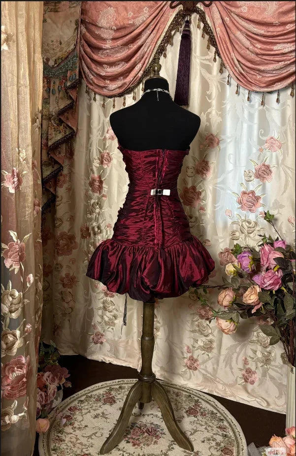 Vintage Burgundy Sheath Strapless 16th Birthday Dress Party Dresses Homecoming Dress HZ1024