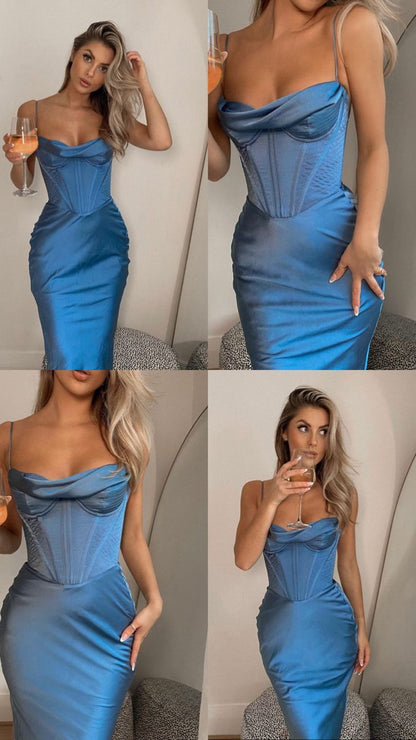 Simple Mermaid Spaghetti Straps Neckline Long Party Dress Satin Blue Prom Dresses SD2421