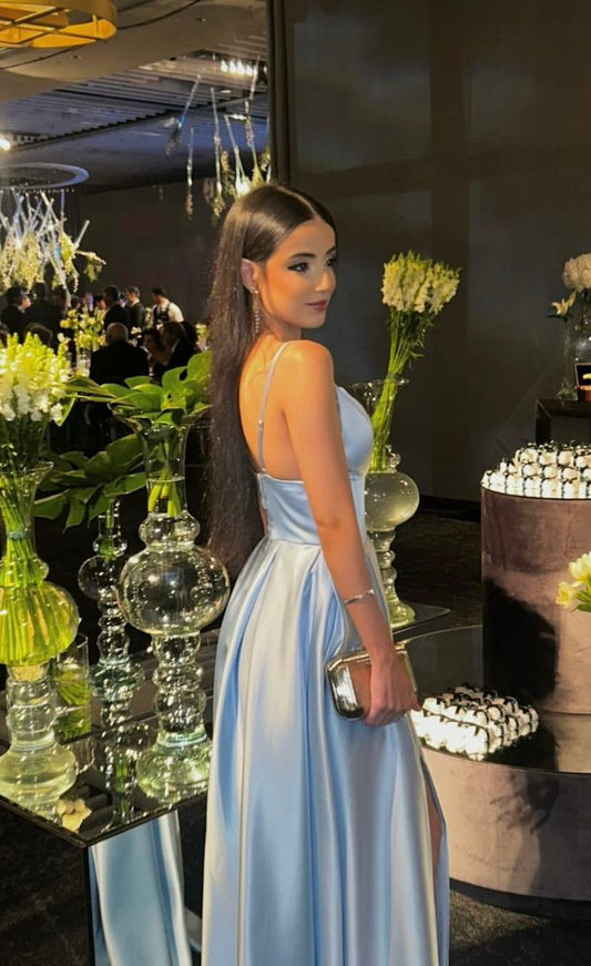 Simple A line Spaghetti Straps Light Blue Long Party Dress Prom Dresses SD2440
