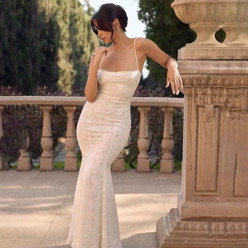 Modest Mermaid Spaghetti Straps Long White Prom Dresses Formal Graduation Party Dress Evening Dress SD2461