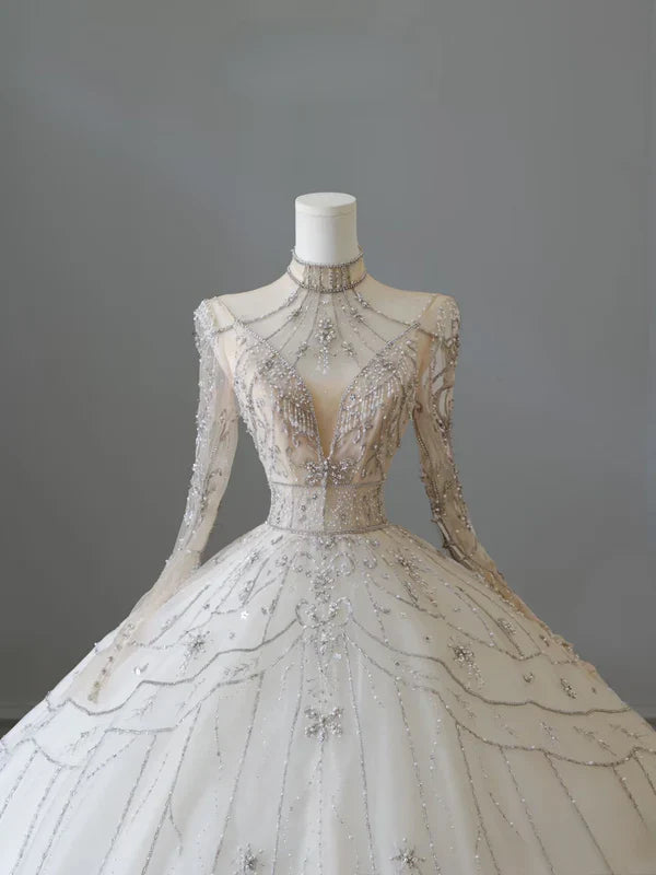 Ivory White Beaded Fashion Long Train Tulle Ball Gown Wedding Dress gh4952