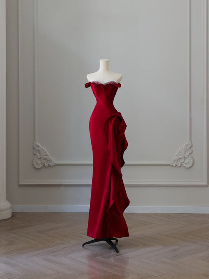 Simple Mermaid Off The Shoulder Neckline Burgundy Sequin Long Party Dress Prom Dresses SD2478