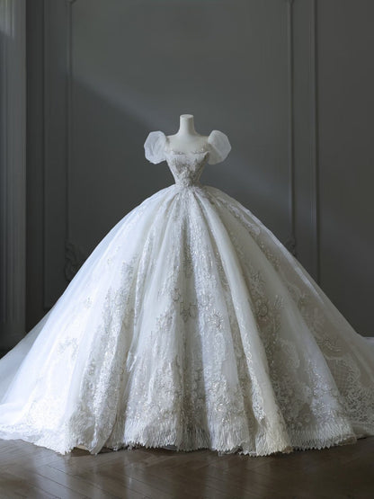 Timeless Ball Gown Off The Shoulder Short Sleeves Tulle Sequin Wedding Dresses Bridal Dress SD2480