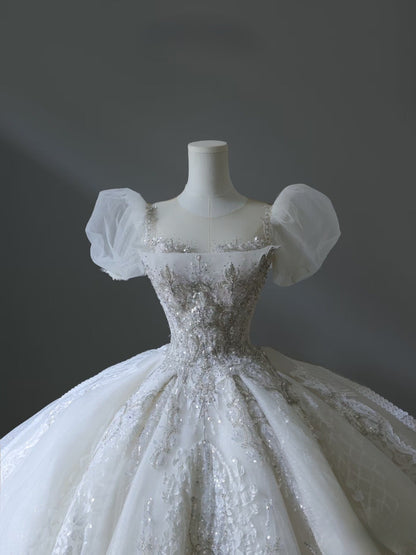 Timeless Ball Gown Off The Shoulder Short Sleeves Tulle Sequin Wedding Dresses Bridal Dress SD2480