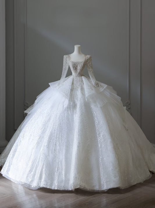 Timeless Ball Gown Square Neckline Sequin Long Wedding Dresses Bridal Dress SD2482