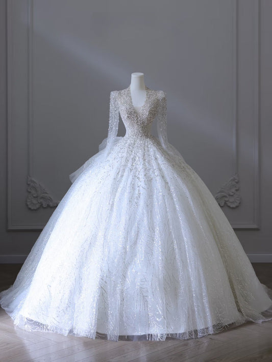 Timeless Ball Gown V Neckline Sequin Long Sleeves Wedding Dresses Bridal Dress SD2483