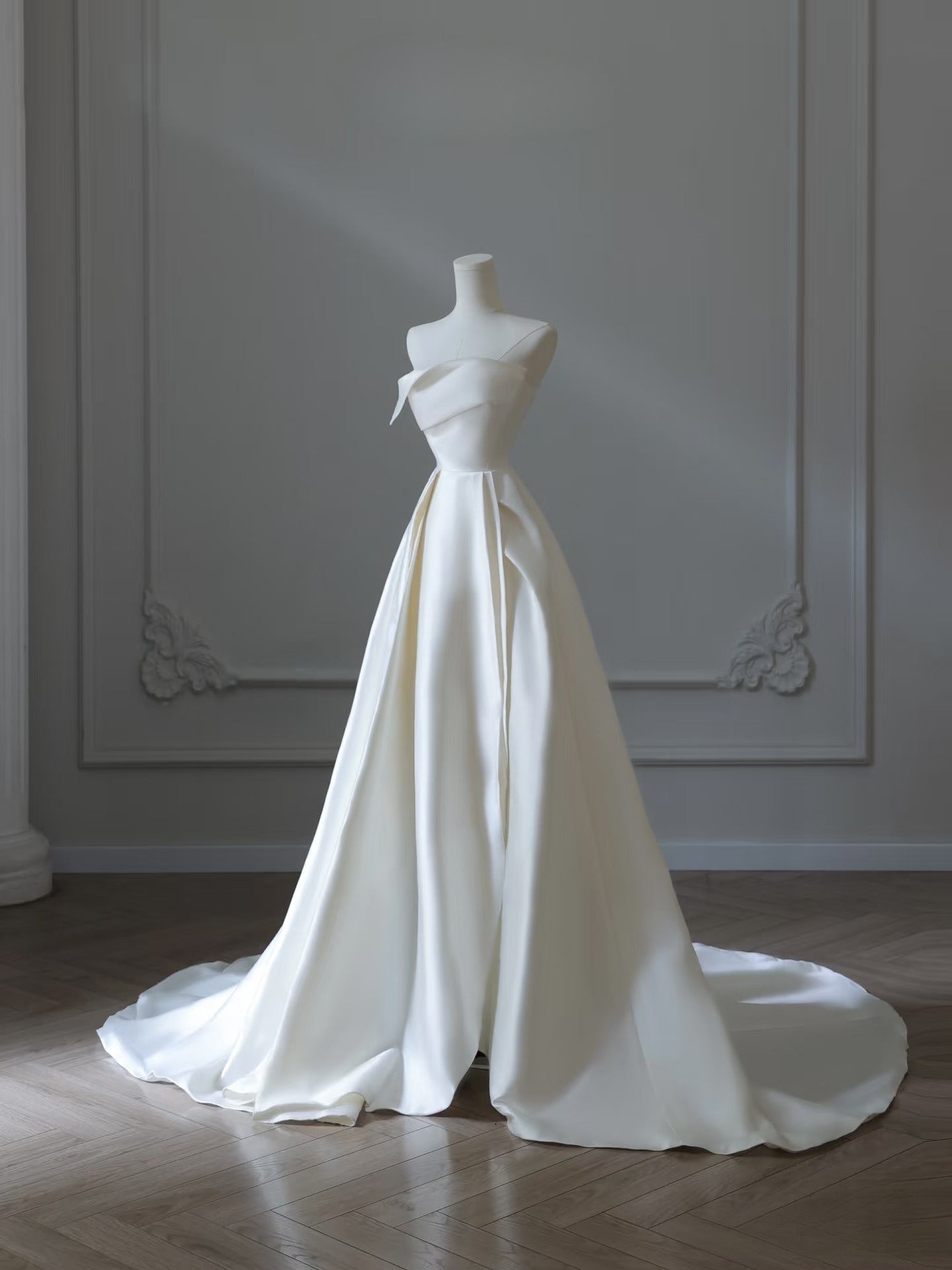 Timeless A line Strapless Satin Ivory Long Wedding Dress Bridal Dresses SD2487