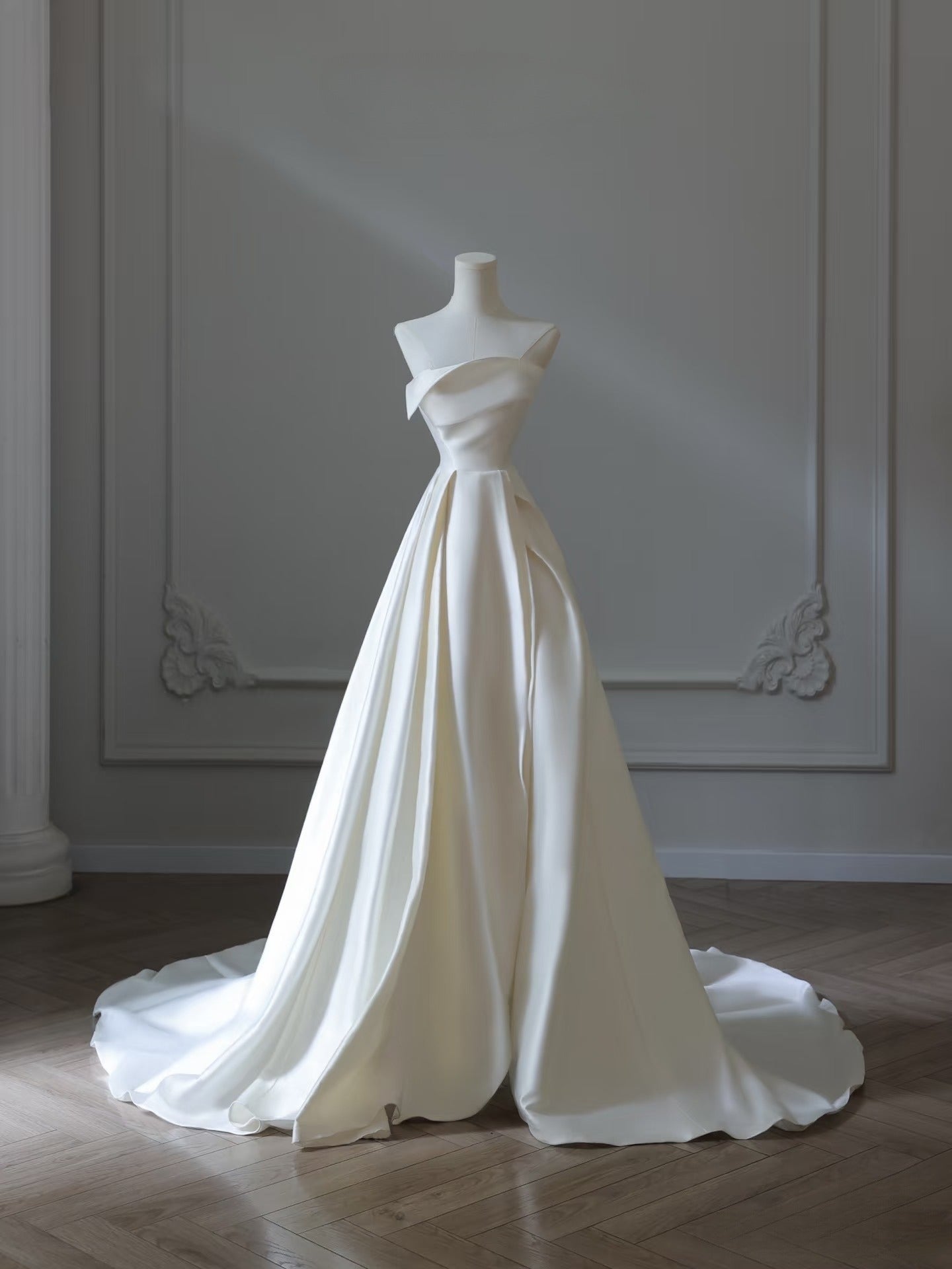 Timeless A line Strapless Satin Ivory Long Wedding Dress Bridal Dresses SD2487