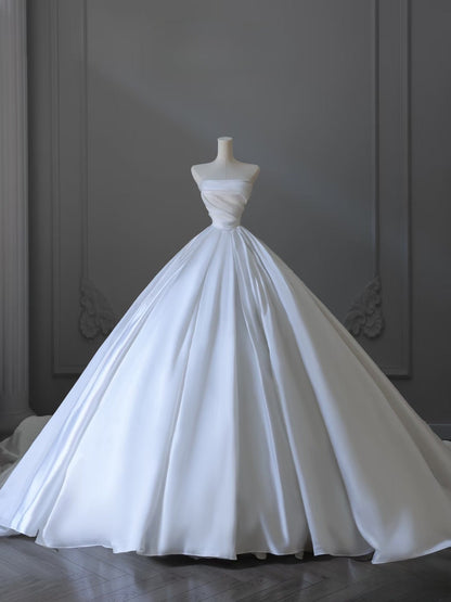 Timeless Ball Gown Strapless Satin White Long Wedding Dress Bridal Dresses SD2493