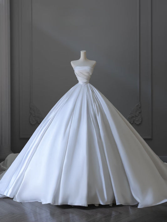 Timeless Ball Gown Strapless Satin White Long Wedding Dress Bridal Dresses SD2493