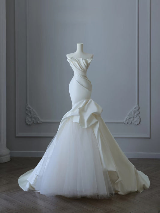 Timeless Mermaid Strapless Satin Ivory Long Wedding Dress Bridal Dresses SD2494