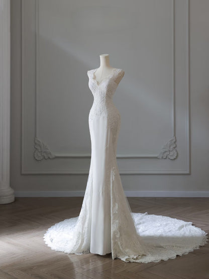 Timeless Mermaid V Neckline Satin Ivory Long Wedding Dress Bridal Dresses SD2496
