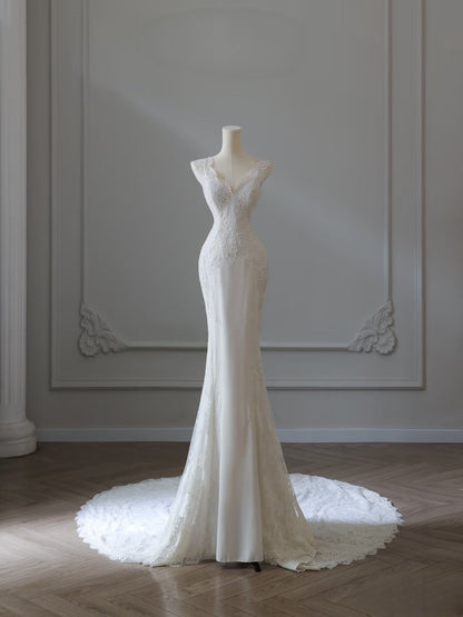 Timeless Mermaid V Neckline Satin Ivory Long Wedding Dress Bridal Dresses SD2496