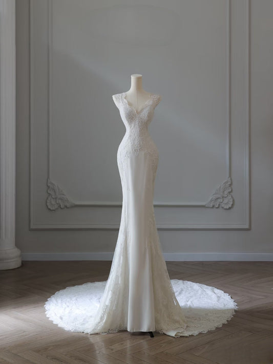 Timeless Mermaid V Neckline Satin Ivory Long Wedding Dress Bridal Dresses SD2496
