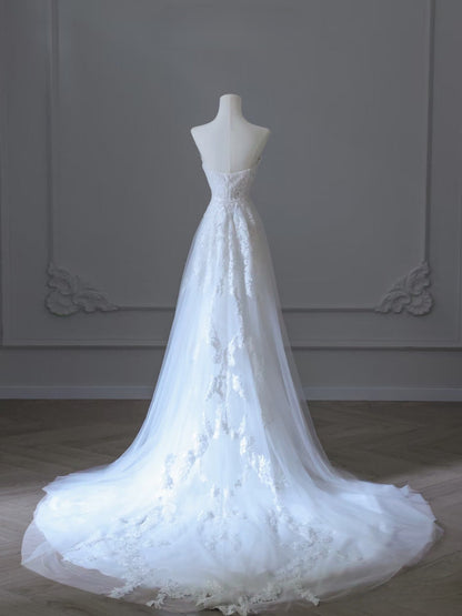 Timeless A line Sweetheart Tulle White Lace Long Wedding Dress Bridal Dresses SD2497