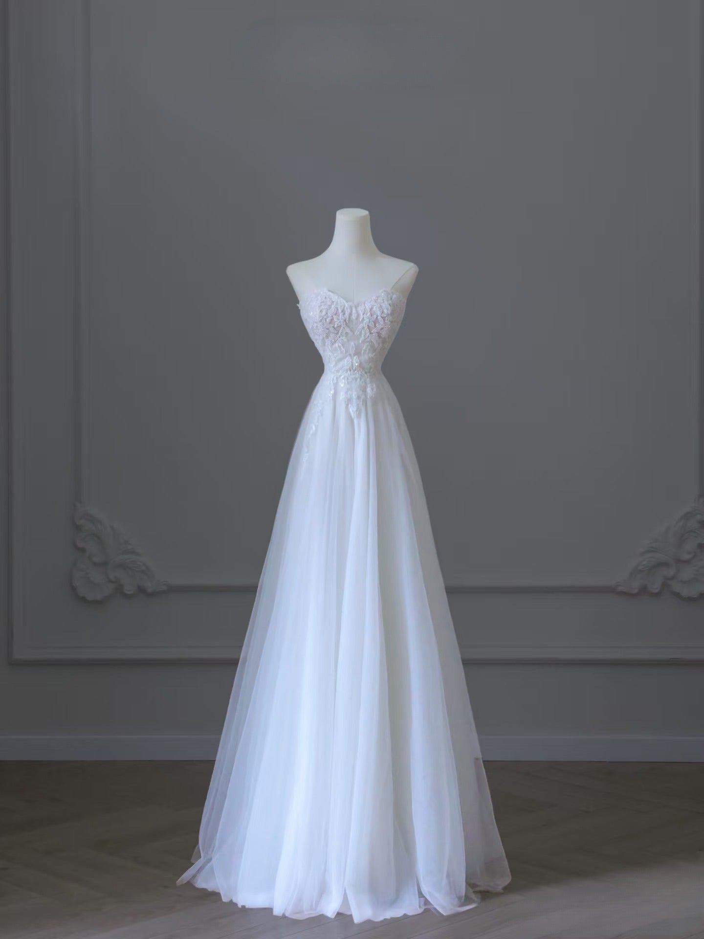 Timeless A line Sweetheart Tulle White Lace Long Wedding Dress Bridal Dresses SD2497