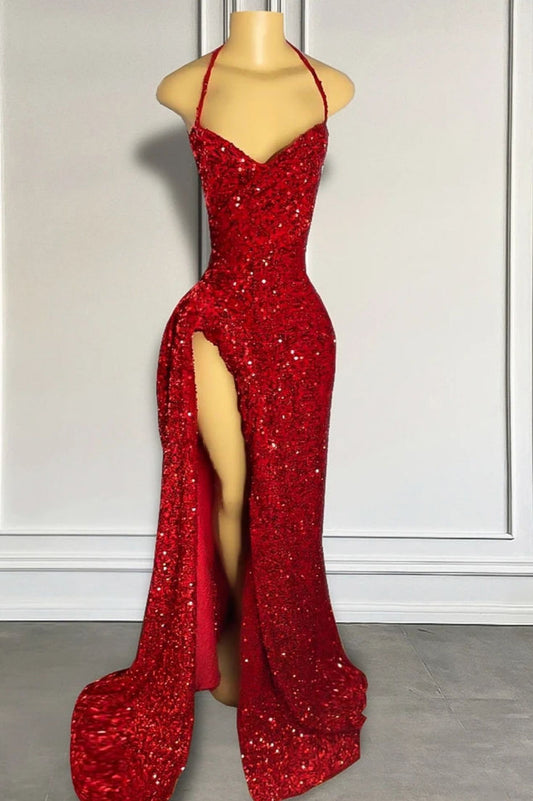 Sexy Mermaid Halter Red Sequin Slit Long Birthday Dress Prom Dress Graduation Dresses D2576