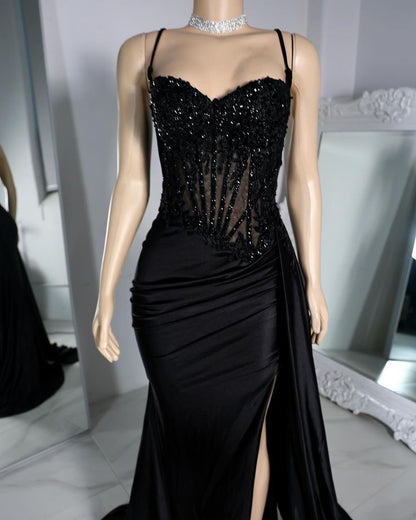 Gorgeous Mermaid Straps Black Satin Slit 23rd Birthday Dress Prom Dress Birthday Outfits For Women D2587