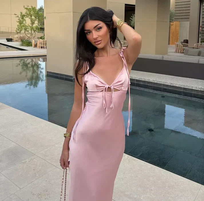 Sexy Sheath Straps Pink Satin Long Birthday Dress Birthday Outfits Graduation Dresses D2589
