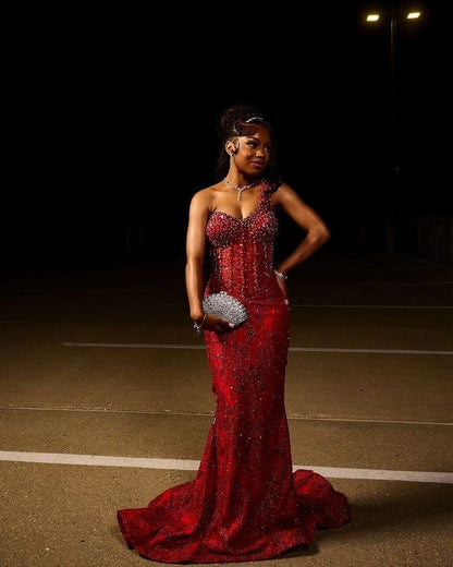 Sexy Mermaid One Shoulder Sequin Wine Red Long Birthday Dress Birthday Outfits Graduation Dresses D2615