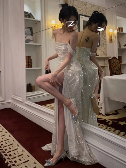 Classy Mermaid Off The Shoulder Sequin Slit Long Prom Dress SD2704