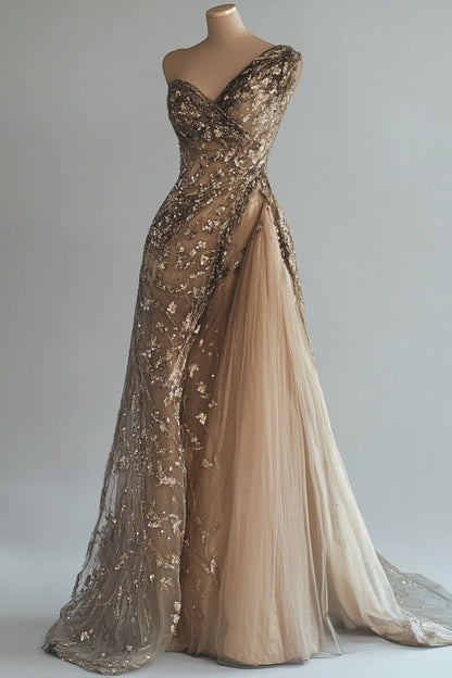 Classy Ball Gown One Shoulder Champagne Tulle Long Party Dress Prom Dresses SD2707