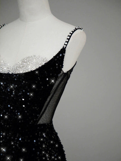Classy Mermaid Spaghetti Straps Black Sequin Slit Long Evening Gowns Prom Dress SD2744