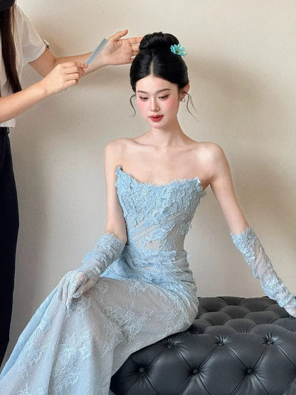 Classy Mermaid Strapless Lace Blue Long Evening Gowns Split Prom Dress SD2748