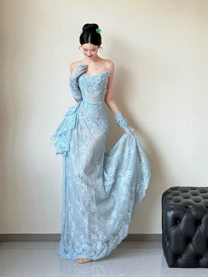 Classy Mermaid Strapless Lace Blue Long Evening Gowns Split Prom Dress SD2748