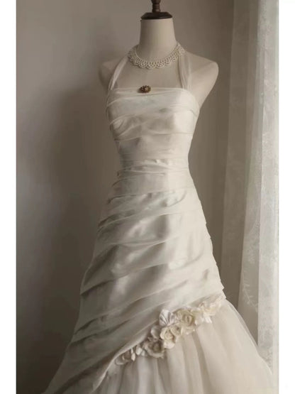 Chic Mermaid Halter Satin Ivory Long Wedding Dress Bridal Dresses SD2758