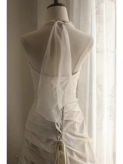 Chic Mermaid Halter Satin Ivory Long Wedding Dress Bridal Dresses SD2758