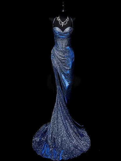 Classy Mermaid Spaghetti Straps Navy Blue Sequin Long Evening Gowns Prom Dress SD2765