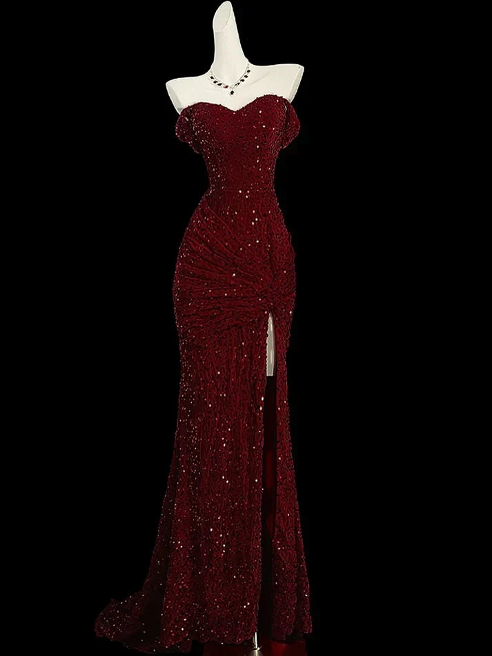 Enchanting Shiny Sequin Sweetheart Off-the-shoulder Mermaid Floor-length High Slit Prom Dress Evening Dress HZ1024