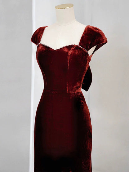 Pretty Mermaid Burgundy Velvet Slit Evening Dress Prom Dresses SD2771