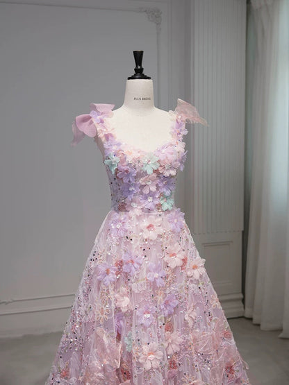 Pretty A Line Spaghetti Straps Pink Floral Long Length Evening Dress Prom Dresses SD2773
