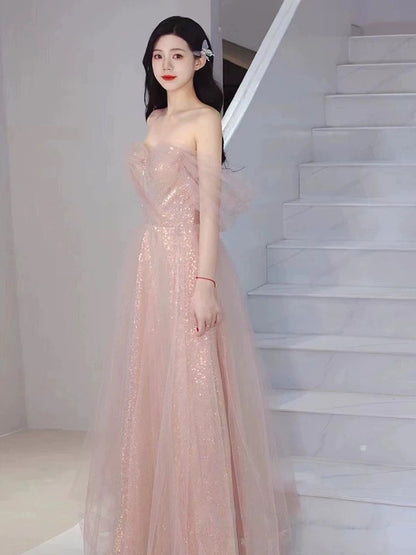 Pretty A Line Sweetheart Pink Sequin Long Length Evening Dress Prom Dresses SD2776