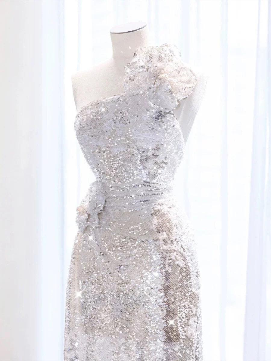 Pretty A Line One Shoulder Silver Sequin Long Length Evening Dress Prom Dresses SD2777