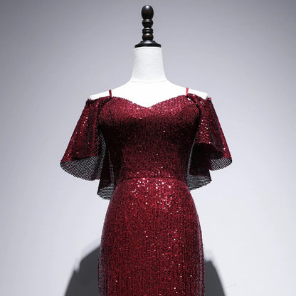 Pretty Mermaid Off The Shoulder Burgundy Sequin Long Evening Dress Prom Dresses SD2780