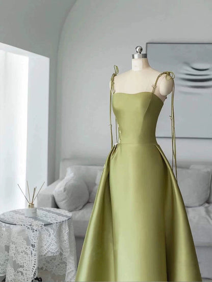 Pretty Ball Gown Straps Sage Green Satin Long Length Evening Dress Prom Dresses SD2781