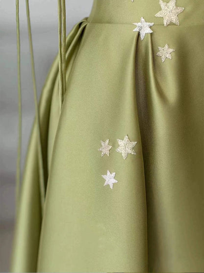 Pretty Ball Gown Straps Sage Green Satin Long Length Evening Dress Prom Dresses SD2781