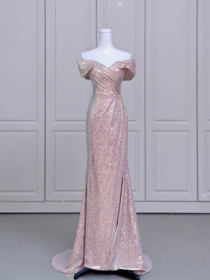 Pretty Mermaid Off The Shoulder Pink Sequin Long Evening Dress Prom Dresses SD2782