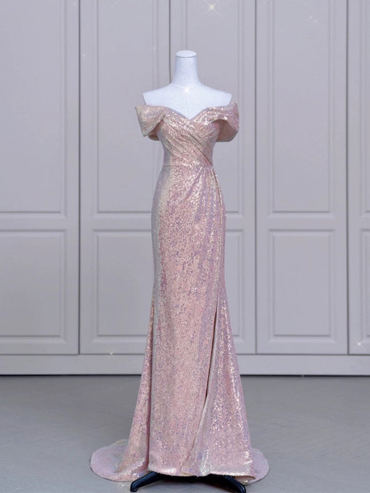Pretty Mermaid Off The Shoulder Pink Sequin Long Evening Dress Prom Dresses SD2782