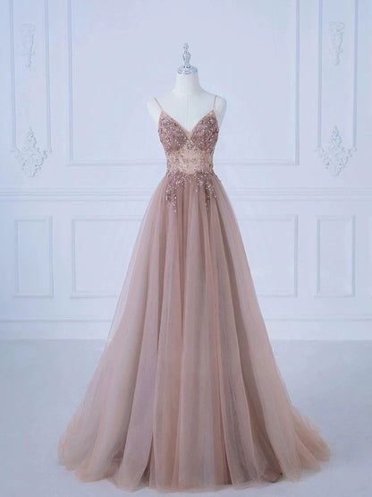 Pretty A line Spaghetti Straps Tulle Long Length Evening Dress Prom Dresses SD2783