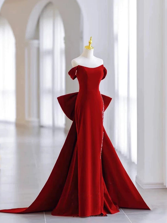 Pretty Mermaid Off The Shoulder Burgundy Satin Long Evening Dress Prom Dresses SD2788