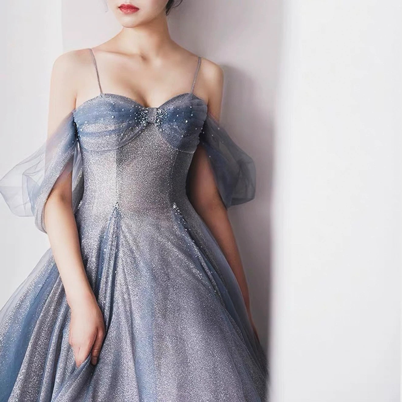 Pretty A Line Off The Shoulder Blue Sequin Tulle Long Length Evening Dress Prom Dresses SD2793